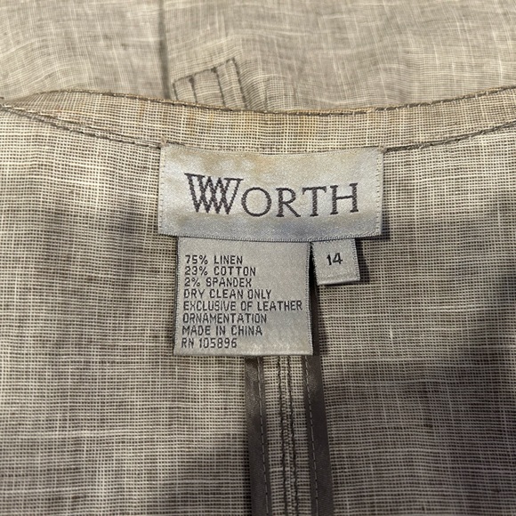 Worth Tan Linen and Leather Button Front Three Quarter Sleeve Blazer Jacket, 14 - Picture 6 of 7